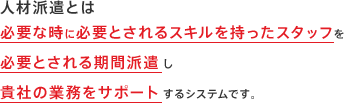 人材派遣とは 必要な時に必要とされるスキルを持ったスタッフを
必要とされる期間派遣し
貴社の業務をサポートするシステムです。